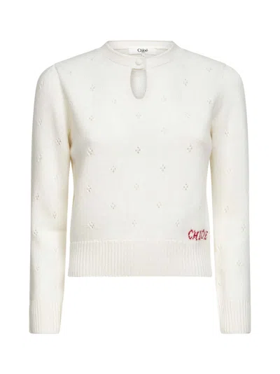 CHLOÉ IVORY OPENWORK KNIT FITTED SWEATER