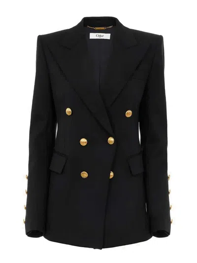 Chloé Double Breasted Stretch Wool Grain De Poudre Blazer In Black