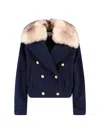 Chloé Crop Double Breasted Coat With Genuine Shearling Collar In Blue