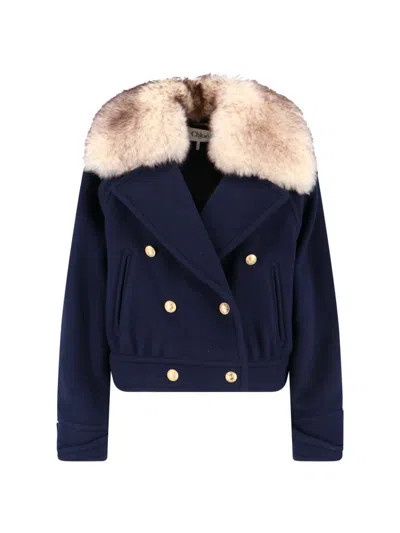 Chloé Double-breasted Coat With Fur Coat In Blue