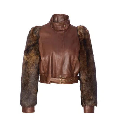 Chloé Leather Jacket With Belted Waist And Fur Sleeves In Brown
