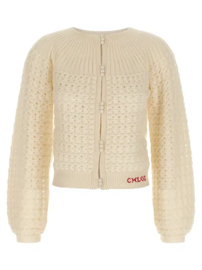 CHLOÉ JACQUARD LOGO CARDIGAN SWEATERS AND CARDIGANS WHITE
