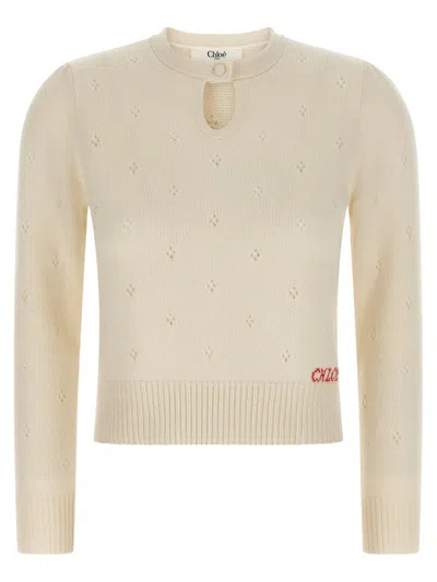 Chloé Jacquard Logo Sweater Sweaters And Cardigans White In Neutral