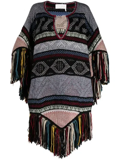 Chloé Black Fringed Jacquard Wool Cape In Multicolour