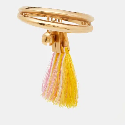 Pre-owned Chloé Janis Pink Yellow Fringe Charm Gold Tone Bangle Bracelet S/m
