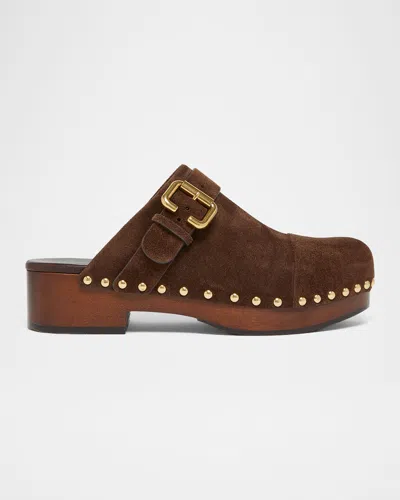 Chloé Jeannette Embellished Suede Clogs In Brown