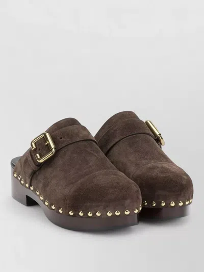 Chloé Jeannette Suede Mules Buckle Studs Wooden Sole In Multi