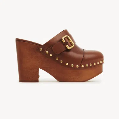 CHLOÉ JEANNETTE WEDGE CLOG BROWN SIZE 3 100% CALF-SKIN LEATHER, PTEROCARPUS SOYAUXII, FARMED, COO CAMEROON