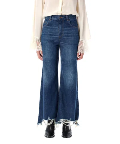 Chloé High Waist Wide-leg Cropped Jeans With Raw Hem In Night Blue