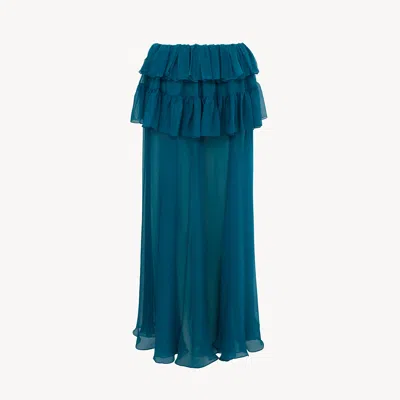 Chloé Ruffled Long Skirt In Silk Mousseline In Blue