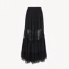 Chloé Jupe Longue Froncée En Georgette De Soie Et Dentelle Femme Noir Taille 34 100% Soie In Black