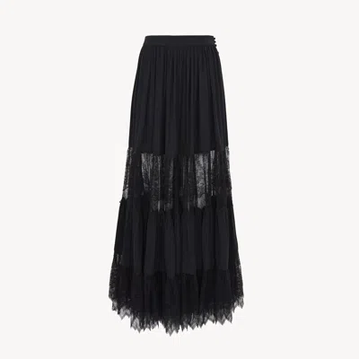 Chloé Jupe Longue Froncée En Georgette De Soie Et Dentelle Femme Noir Taille 34 100% Soie