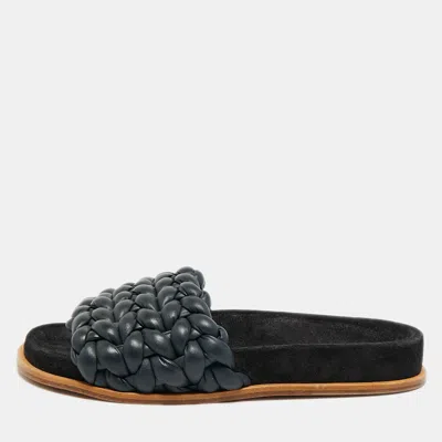 Pre-owned Chloé Kacey Size 37 Navy Blue Woven Leather Flat Slides