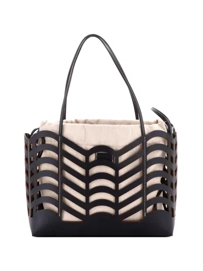 Pre-owned Chloé Kayan Laser Cut Leather And Canvas Small Tote Bag In Black