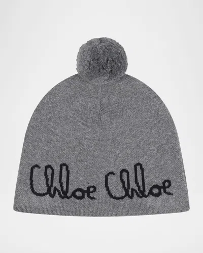 CHLOÉ KID'S CURSIVE LOGO KNIT BEANIE