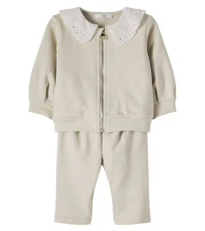 Chloé Kids Baby Cotton Cardigan And Pants In Gray