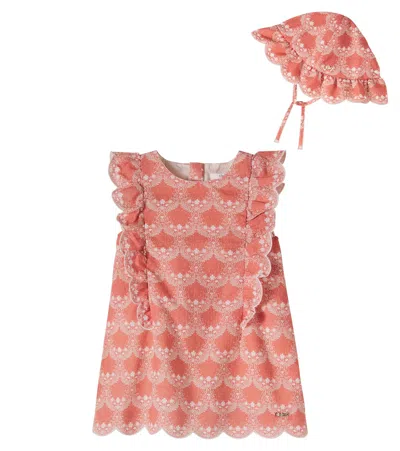 Chloé Kids Baby Floral Cotton Dress And Hat Set In Pink