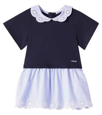 Chloé Kids Baby Broderie Anglaise Striped Cotton Dress In Blue