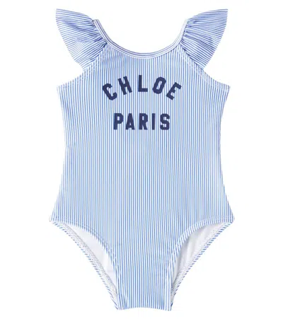 Chloé Baby Logo Striped Swimsuit In Blue