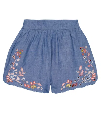 Chloé Kids' Embroidered Cotton Chambray Shorts In Blue