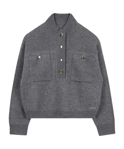 Chloé Kids Buttoned-collar Knitted Jumper In Gray