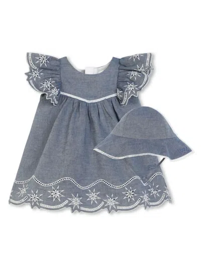 Chloé Babies' Floral-embroidered Organic Cotton Dress Set In Denim Blue