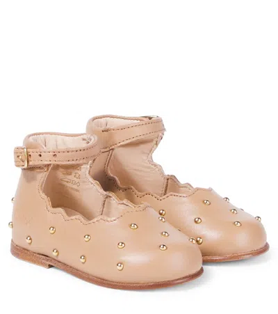 Chloé Babies'  Kids Embellished Scalloped Leather Ballet Flats In Neutral