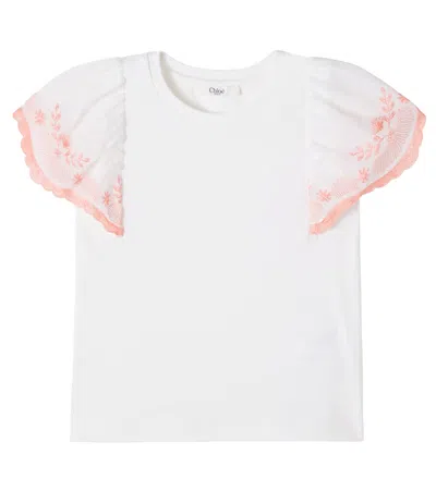 Chloé Kids Embroidered Cotton T-shirt In Neutral