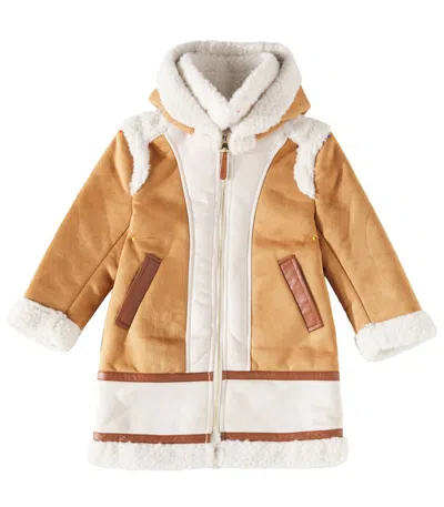 Chloé Kids' Faux Shearling-trimmed Faux Suede Coat In Chocolate Brown