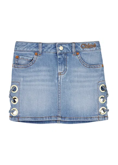 Chloé Kids' Lace-detail Denim Skirt In Blue
