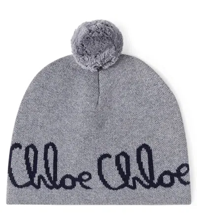 Chloé Kids Logo Cotton And Wool Beanie In Gray