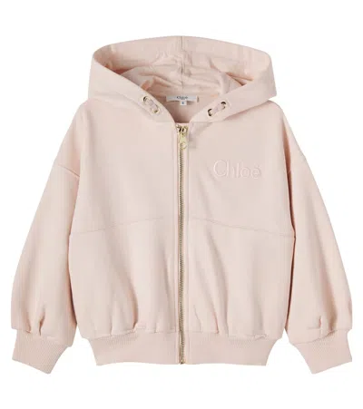 Chloé Kids Logo Cotton Jersey Zip-up Hoodie In Pink