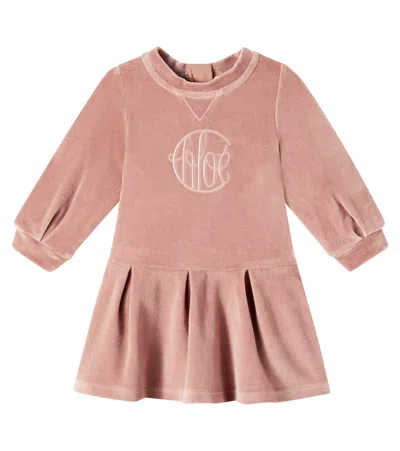 Chloé Logo Cotton Velvet Dress In Pink