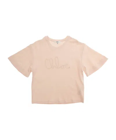 Chloé Kids Logo Detailed Crewneck T-shirt In Pink