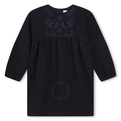Chloé Chloe Kids Logo Embroidered Long-sleeved Dress In Blue