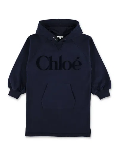 CHLOÉ CHLOÉ KIDS LOGO HOODED LOGO DRESS IN BRUSHED FLEECE