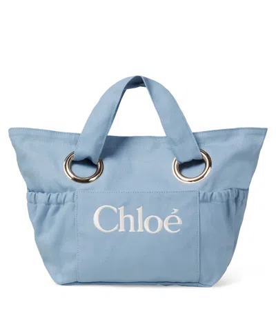 Chloé Kids Logo Leather-trimmed Canvas Basket Bag In Blue