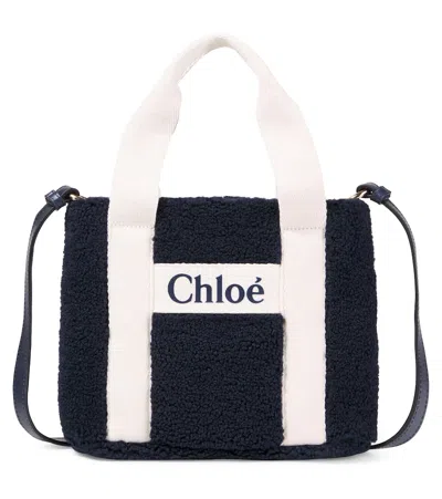 Chloé Kids Logo Leather-trimmed Tote Bag In Blue