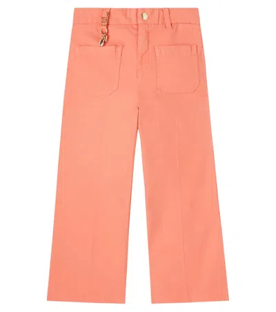 Chloé Kids Logo Pleated Cotton Pants In Orange