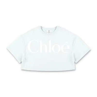 Chloé Chloe Kids Logo Print Cropped Cotton T-shirt In Blue