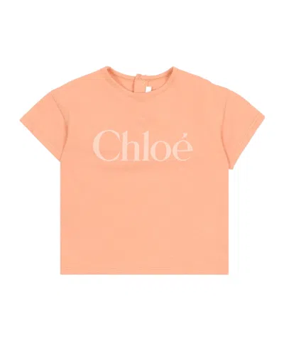Chloé Kids Logo-printed Crewneck T-shirt In Orange