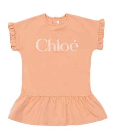 Chloé Kids Logo Printed Ruffled Dress In Orange