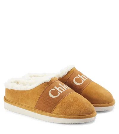 CHLOÉ CHLOÉ KIDS LOGO SUEDE AND FLEECE SLIPPERS