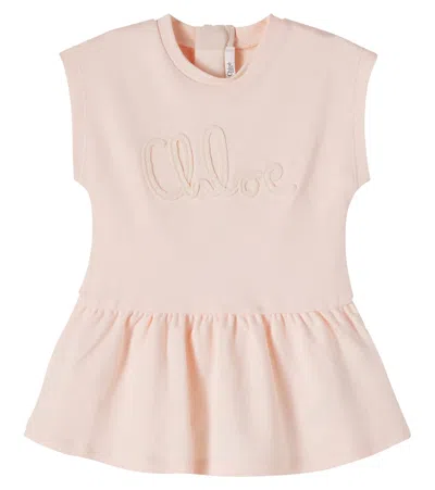 Chloé Kids Logo-embroidered Cotton Jersey Dress In Pink