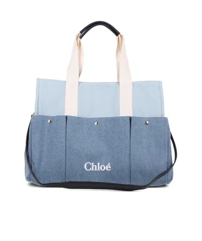 Chloé Kids Logo-embroidered Denim Changing Bag In White