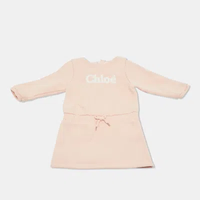 Pre-owned Chloé Kids Pink Logo Embroidered Cotton Jersey Sweatshirt Dress 9m