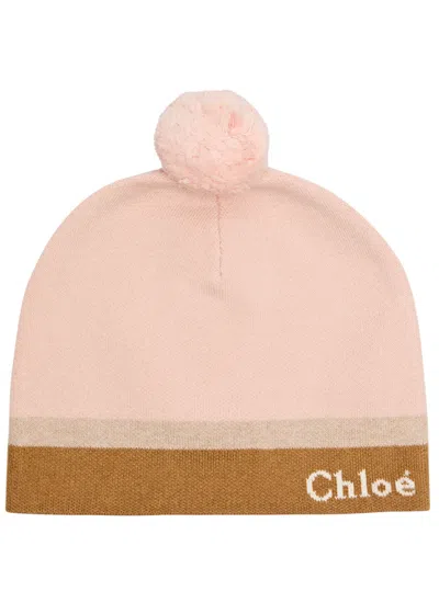 Chloé Babies' Chloe Kids Pompom Striped Cotton-blend Beanie In Pink