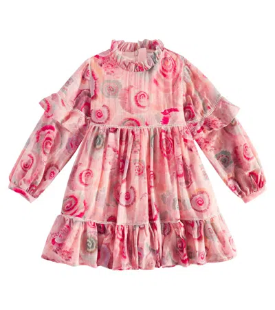 Chloé Kids' Printed Ruffled Wool Dress In Pink Green