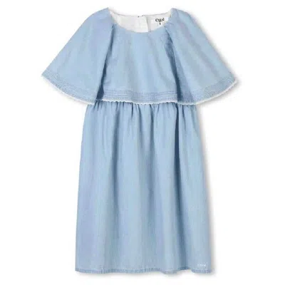 Chloé Chloe Kids Ruffle Sleeve Cotton Dress In Blue