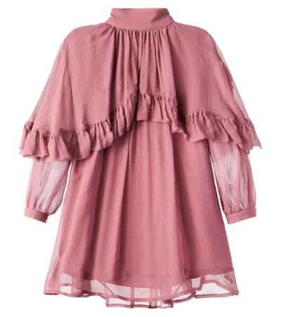 Chloé Kids Ruffled Caped Silk Dress In Pink